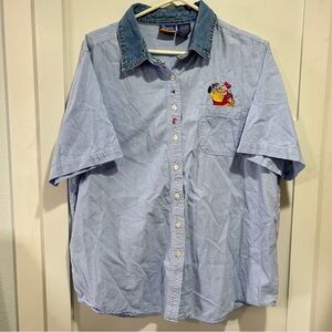 Vintage Winnie The Pooh Gingham short Sleeve Button Down Shirt Denim 18W